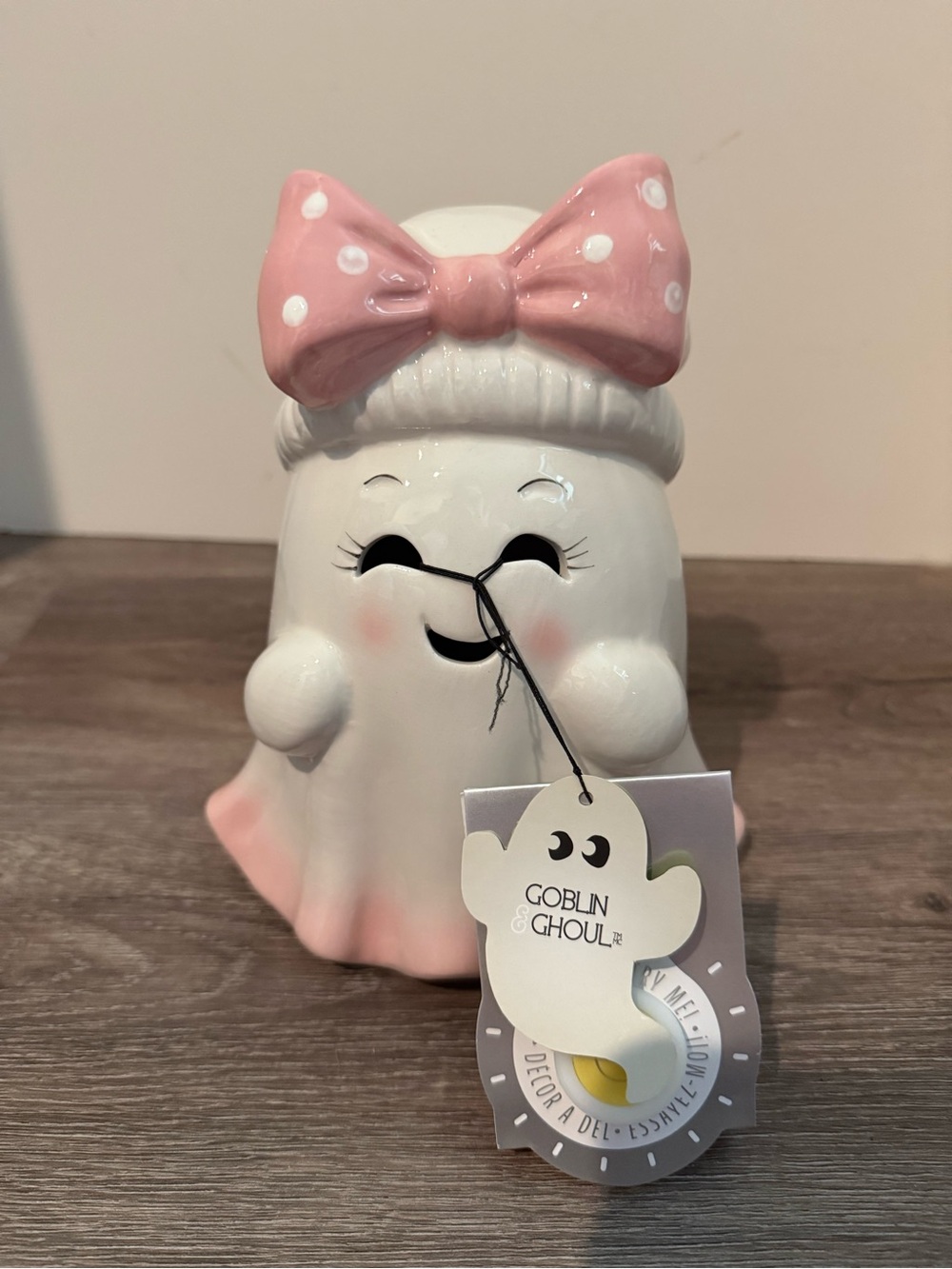 Absolutely Adorable Goblin & Ghoul Light-up Pink Bow Ceramic Ghost- NWT